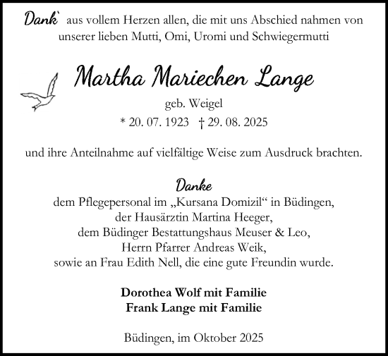 Traueranzeige von Martha Mariechen Lange von Kreis-Anzeiger