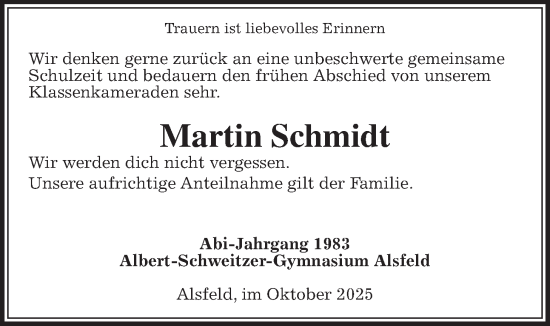 Traueranzeige von Martin Schmidt von Oberhessische Zeitung