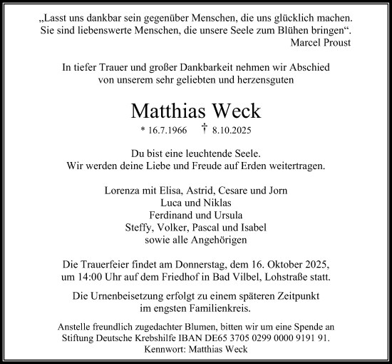 Traueranzeige von Matthias Weck von Bad Vilbel/Karben