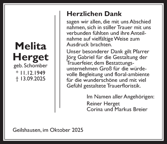 Traueranzeige von Melita Herget von Giessener Allgemeine, Alsfelder Allgemeine