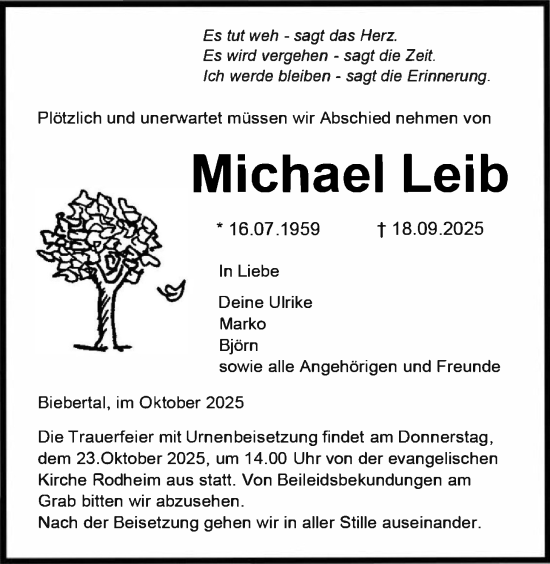Traueranzeige von Michael Leib von Giessener Allgemeine, Alsfelder Allgemeine, Giessener Anzeiger