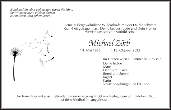 Traueranzeige von Michael Zörb von Giessener Allgemeine, Alsfelder Allgemeine