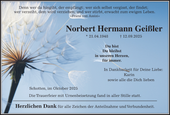Traueranzeige von Norbert Hermann Geißler von Kreis-Anzeiger