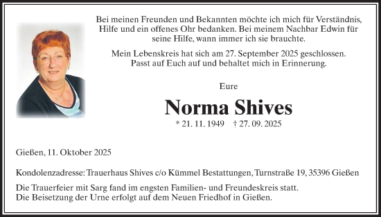 Traueranzeige von Norma Shives von Giessener Allgemeine, Alsfelder Allgemeine, Giessener Anzeiger