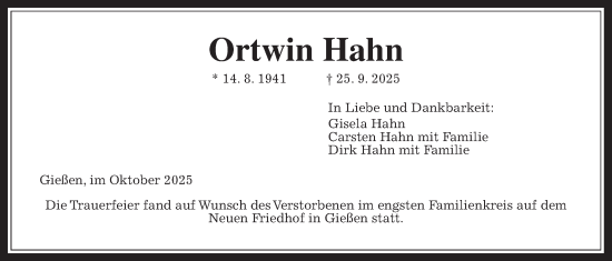 Traueranzeige von Ortwin Hahn von Giessener Allgemeine, Alsfelder Allgemeine, Giessener Anzeiger
