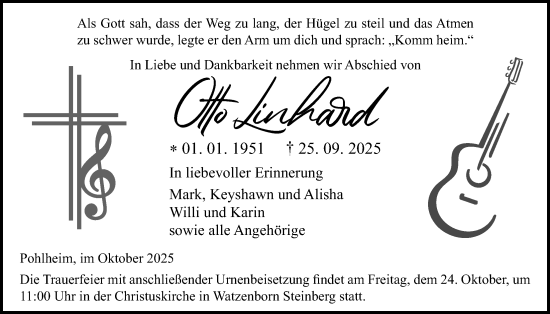 Traueranzeige von Otto Linhard von Giessener Allgemeine, Alsfelder Allgemeine