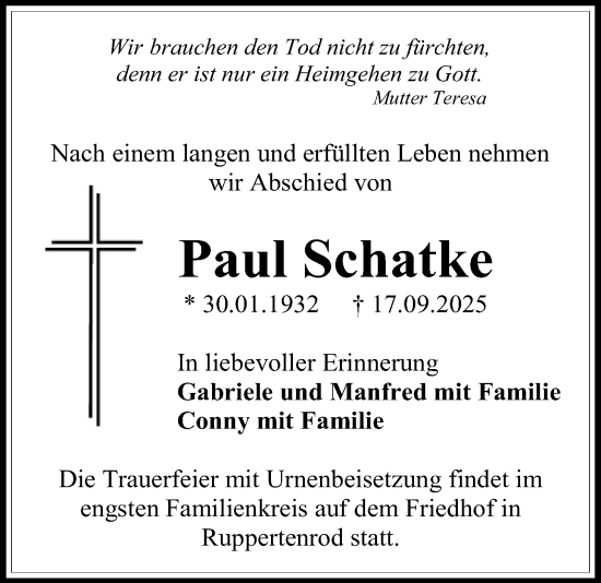 Traueranzeige von Paul Schatke von Mücker Stimme