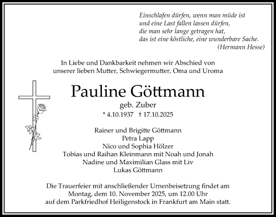 Traueranzeige von Pauline Göttmann von Bad Vilbel/Karben