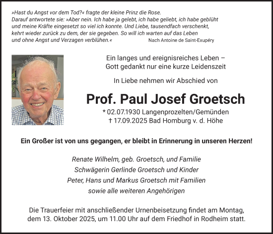 Traueranzeige von Paul Josef Groetsch von Wetterauer Zeitung