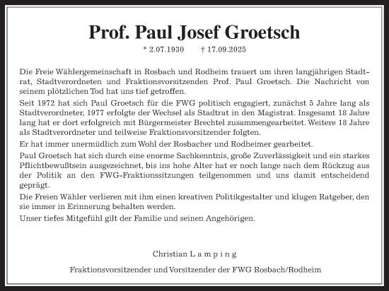 Traueranzeige von Paul Josef Groetsch von Wetterauer Zeitung