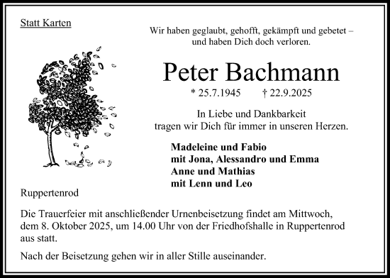 Traueranzeige von Peter Bachmann von Mücker Stimme, 