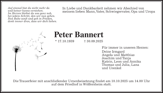 Traueranzeige von Peter Bannert von Wetterauer Zeitung