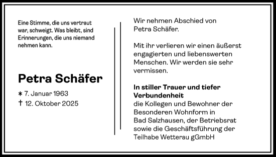 Traueranzeige von Petra Schäfer von Kreis-Anzeiger