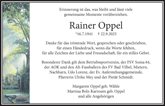 Traueranzeige von Rainer Oppel von Bad Vilbel/Karben