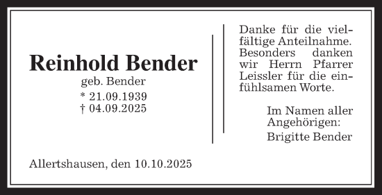 Traueranzeige von Reinhold Bender von Giessener Anzeiger