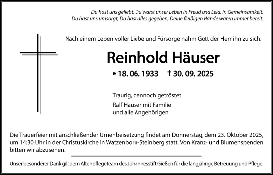 Traueranzeige von Reinhold Häuser von Giessener Allgemeine, Alsfelder Allgemeine, Giessener Anzeiger