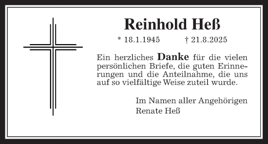 Traueranzeige von Reinhold Heß von Wetterauer Zeitung