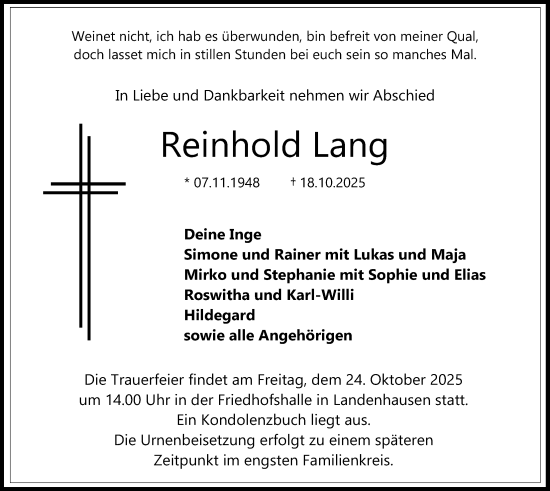 Traueranzeige von Reinhold Lang von Lauterbacher Anzeiger
