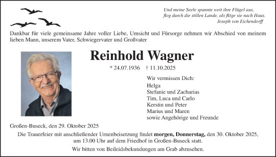 Traueranzeige von Reinhold Wagner von Giessener Anzeiger