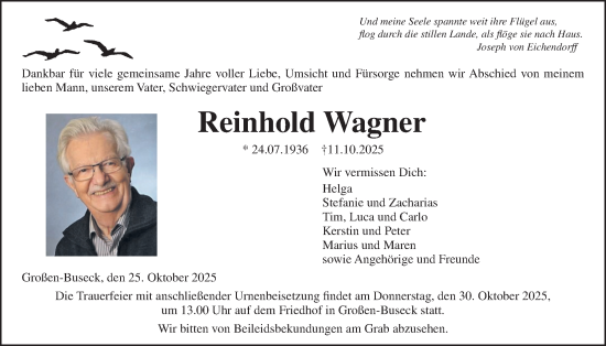Traueranzeige von Reinhold Wagner von Giessener Anzeiger