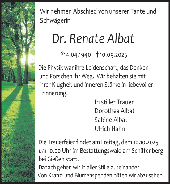 Traueranzeige von Renate Albat von Giessener Allgemeine, Alsfelder Allgemeine, Giessener Anzeiger