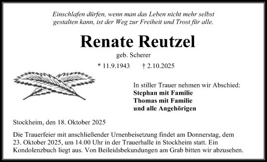 Traueranzeige von Renate Reutzel von Kreis-Anzeiger