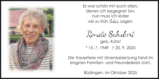 Traueranzeige von Renate Schubert von Kreis-Anzeiger