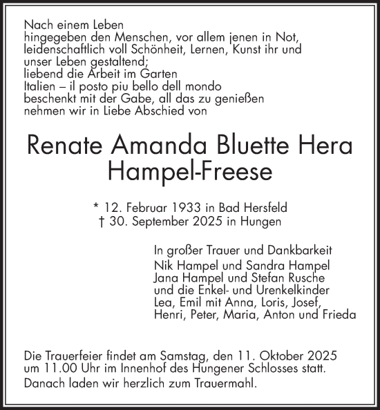 Traueranzeige von Renate Amanda Bluette Hera Hampel-Freese von Giessener Allgemeine, Alsfelder Allgemeine, Giessener Anzeiger