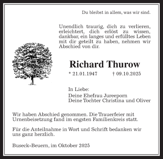 Traueranzeige von Richard Thurow von Giessener Allgemeine, Alsfelder Allgemeine
