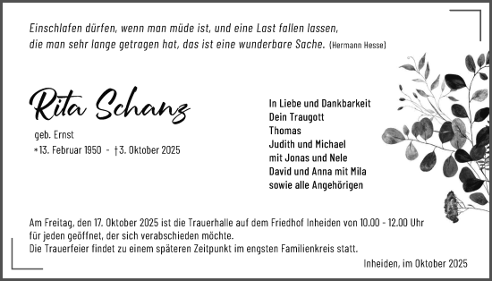 Traueranzeige von Rita Schanz von Licher Wochenblatt