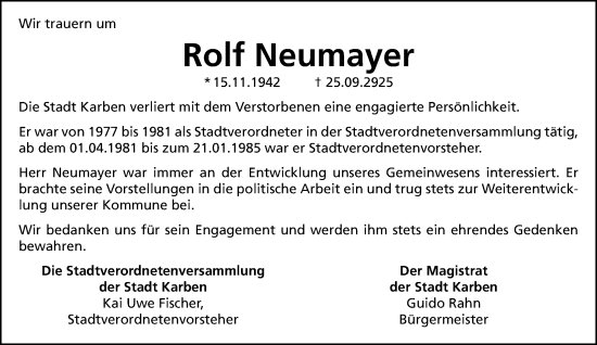 Traueranzeige von Rolf Neumayer von Wetterauer Zeitung
