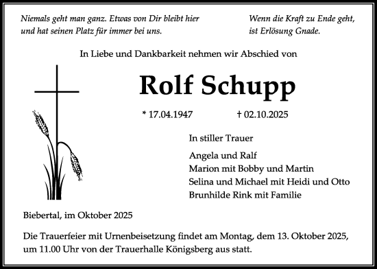 Traueranzeige von Rolf Schupp von Giessener Allgemeine, Alsfelder Allgemeine