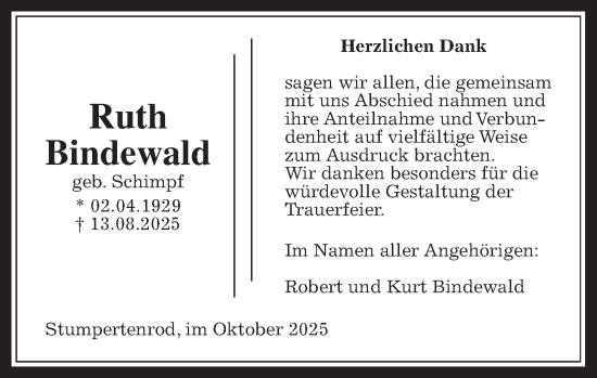 Traueranzeige von Ruth Bindewald von Oberhessische Zeitung