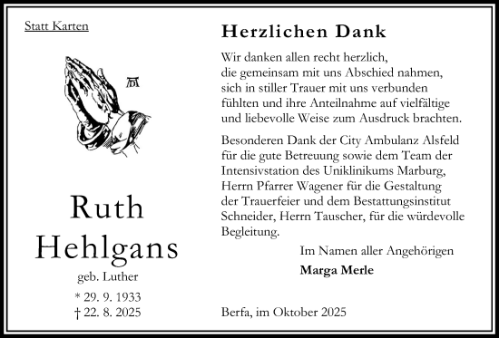 Traueranzeige von Ruth Hehlgans von Oberhessische Zeitung