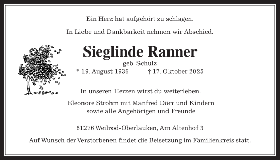 Traueranzeige von Sieglinde Ranner von Usinger Anzeiger