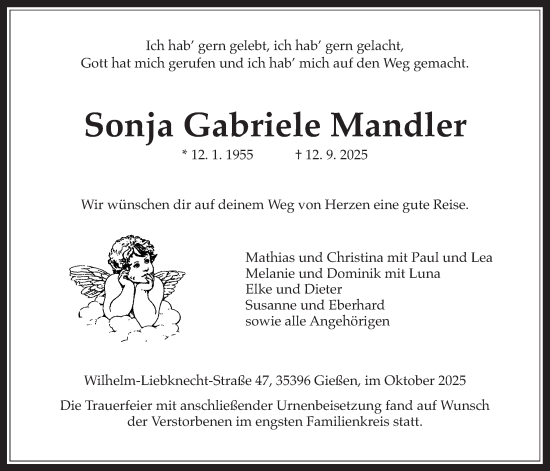Traueranzeige von Sonja Gabriele Mandler von Giessener Allgemeine, Alsfelder Allgemeine, Giessener Anzeiger