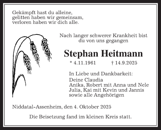 Traueranzeige von Stephan Heitmann von Wetterauer Zeitung
