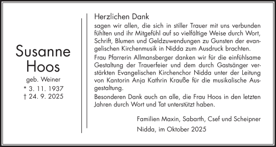 Traueranzeige von Susanne Hoos von Kreis-Anzeiger