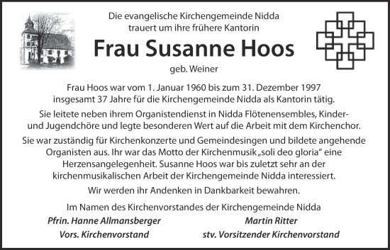 Traueranzeige von Susanne Hoos von Kreis-Anzeiger