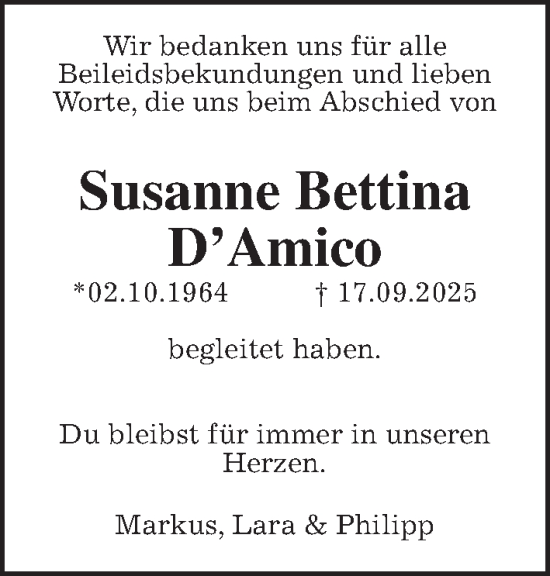 Traueranzeige von Susanne Bettina DAmico von Wetterauer Zeitung