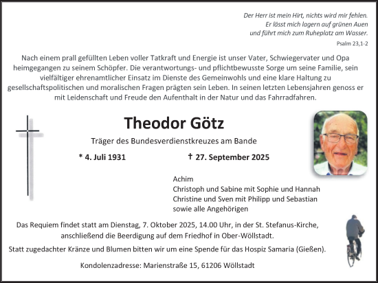 Traueranzeige von Theodor Götz von Wetterauer Zeitung
