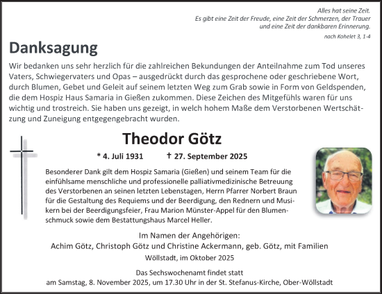 Traueranzeige von Theodor Götz von Wetterauer Zeitung