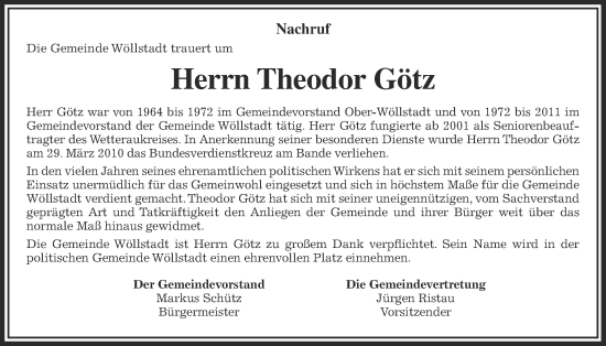 Traueranzeige von Theodor Götz von Wetterauer Zeitung