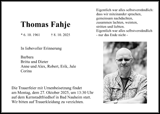 Traueranzeige von Thomas Fahje von Wetterauer Zeitung