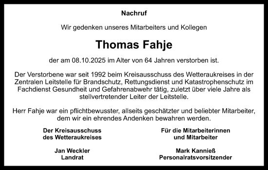 Traueranzeige von Thomas Fahje von Butzbacher Zeitung, Kreis-Anzeiger, Wetterauer Zeitung