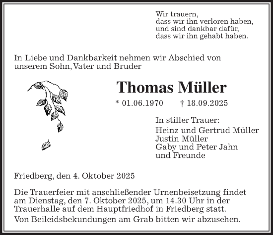 Traueranzeige von Thomas Müller von Wetterauer Zeitung