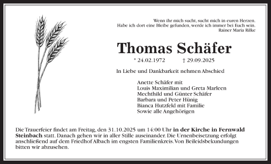 Traueranzeige von Thomas Schäfer von Giessener Allgemeine, Alsfelder Allgemeine