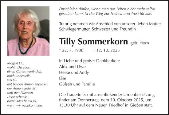 Traueranzeige von Tilly Sommerkorn von Giessener Allgemeine, Alsfelder Allgemeine, Giessener Anzeiger
