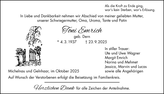 Traueranzeige von Toni Emrich von Kreis-Anzeiger