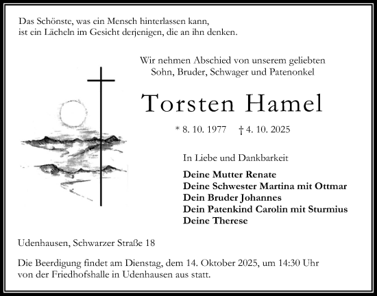 Traueranzeige von Torsten Hamel von Oberhessische Zeitung